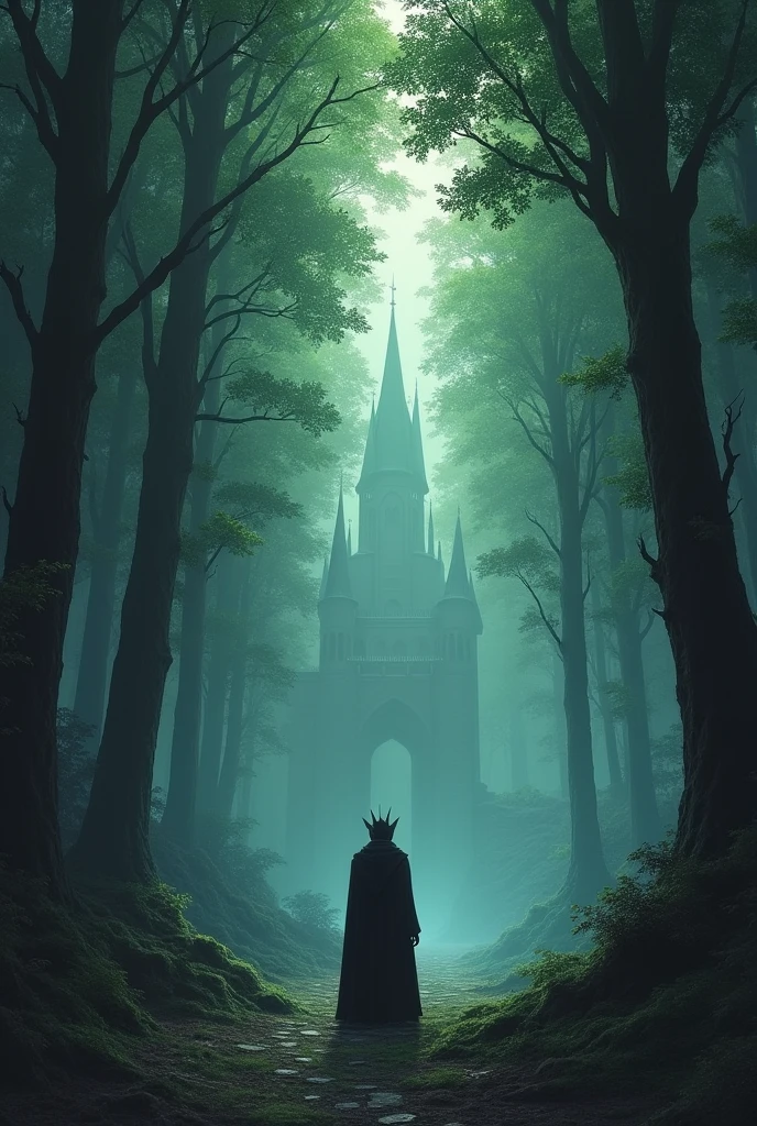 Illustrate the scene of the banishment of the dark elf wizard Elren from the realm of Elfin. He is on the edge of the enchanted forest, with the kingdom receding in the background. Your figure looks small and lonely, as he is consumed by the shadows that surround him. The forest seems to close behind him, sealing your definitive exit.