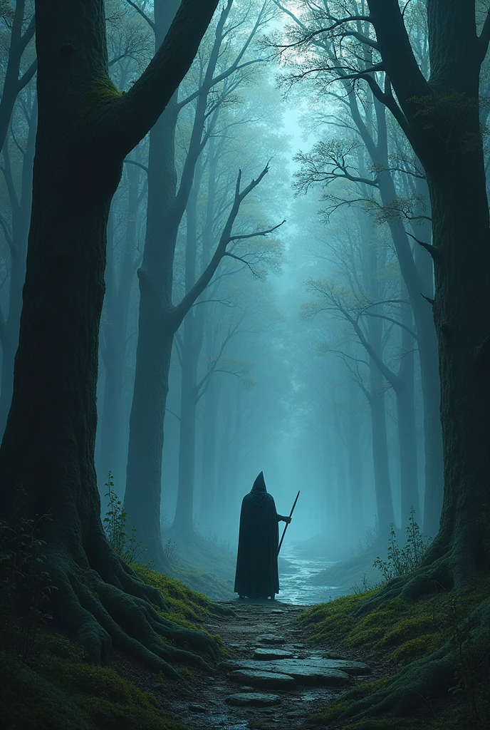 Illustrate the scene of the banishment of the dark elf wizard Elren from the realm of Elfin. He is on the edge of the enchanted forest, with the kingdom receding in the background. Your figure looks small and lonely, as he is consumed by the shadows that surround him. The forest seems to close behind him, sealing your definitive exit.
