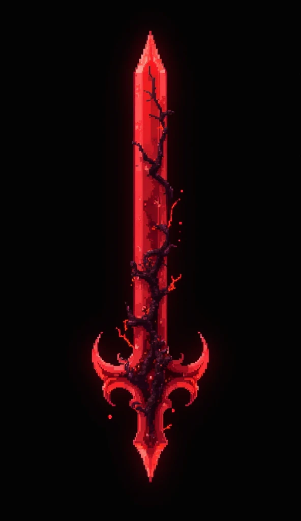 A sword projectile in the style of a pixel drawing, made of a solid blood crystal in which vessels of black void are present