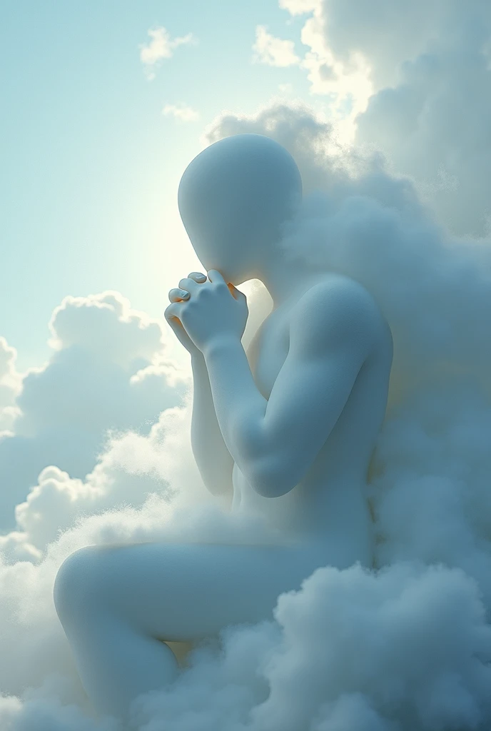 Cloud shaped like a man, faceless, sitting with his back turned, chin in both hands, looking up at the upper left corner of the screen