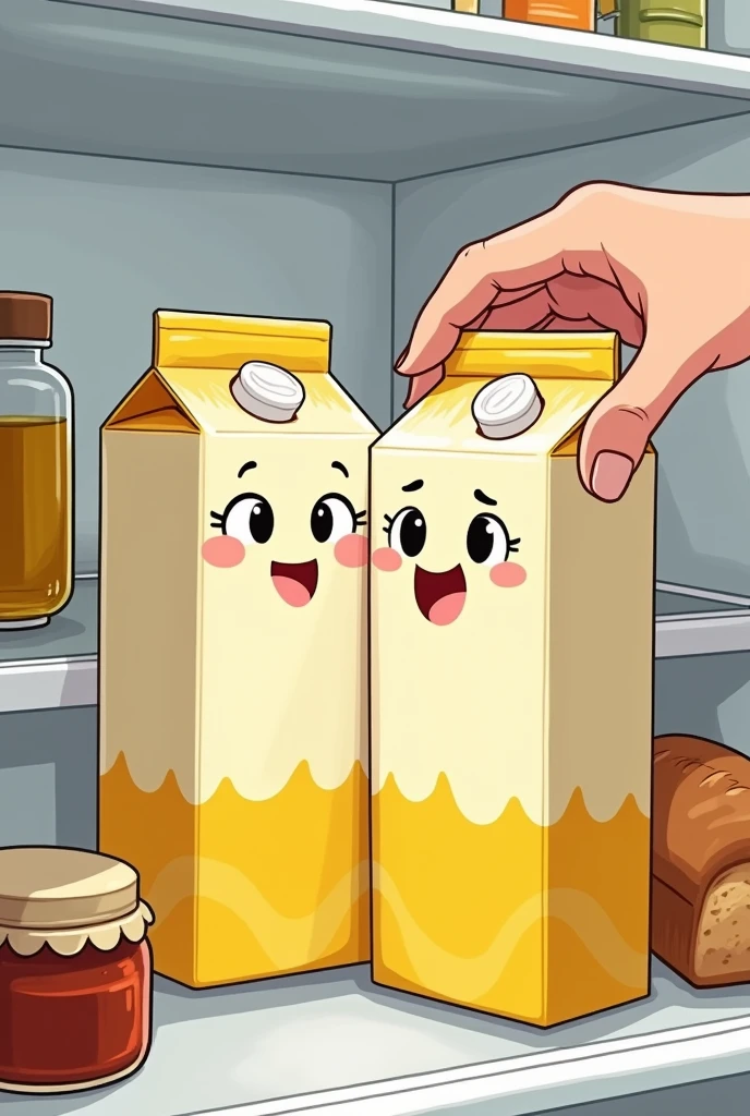 There are two cartons of banana milk in the fridge, have a humanoid mouth, eyes and ears, Jam that can be found in the fridge around them, oil, whether it is products like bread. Picture the moment when a person takes one of these milkshakes from the fridge (Have your hand on the banana milk) and the other one becomes unhappy because of this. Let it be a cartoonish and two-dimensional picture.