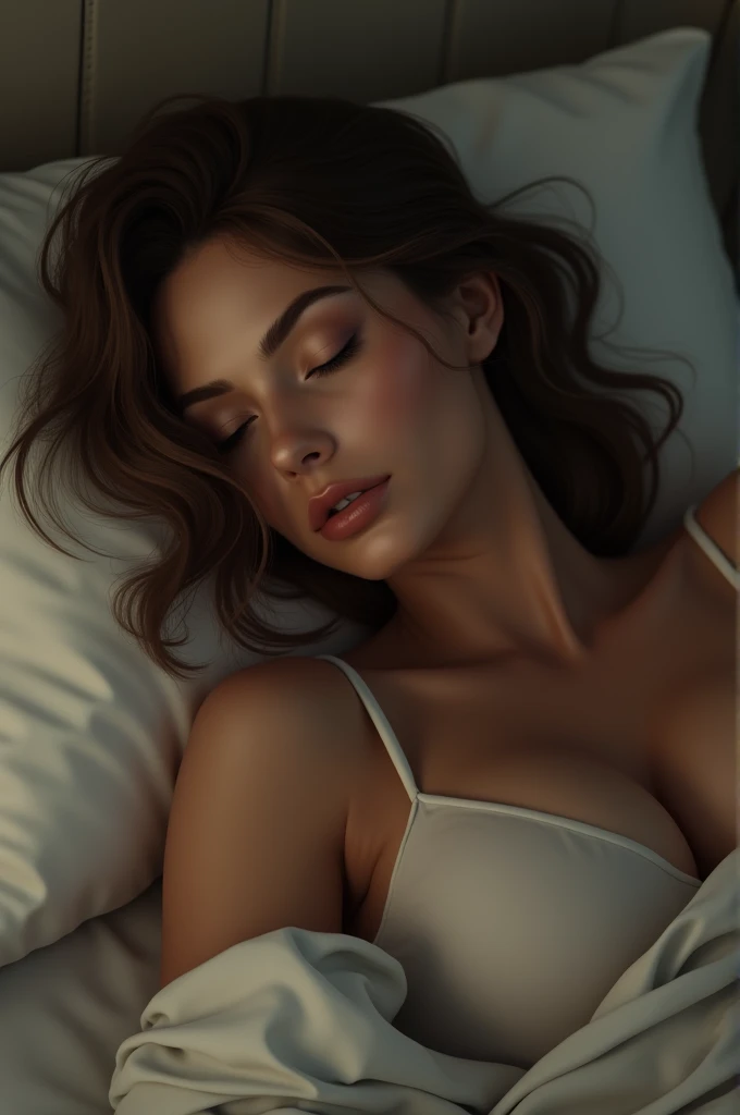 A beautiful sexy woman with big breasts, sleeping wearing a tanktop, exposing her hairy armpits 