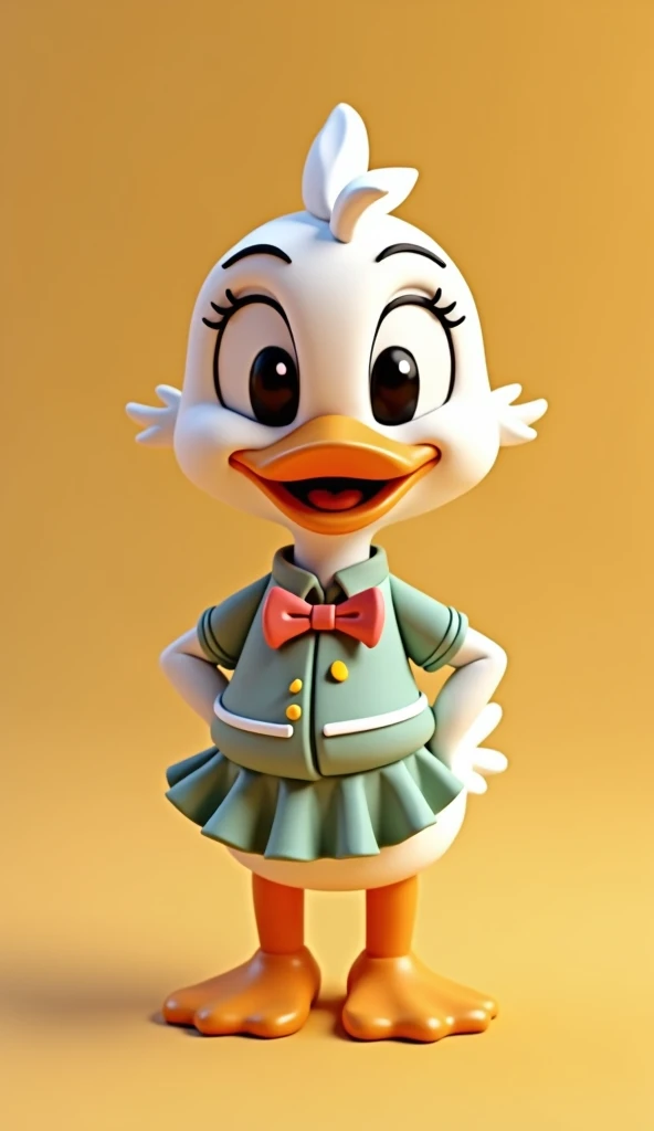 Perfect centering, Looking at the camera, a close up of a cartoon duck wearing a shirt with bowtie and a skirt, full body, happy, 3 d animation demo reel, 3d animation, 3 d animation, 3 d animated movie, 3d animated, 3 d animated, tv commercial, clay animation, cgi animation, cute! c4d, cute 3 d render, pixar 3 d animation style, 4 k, 3 d cartoon