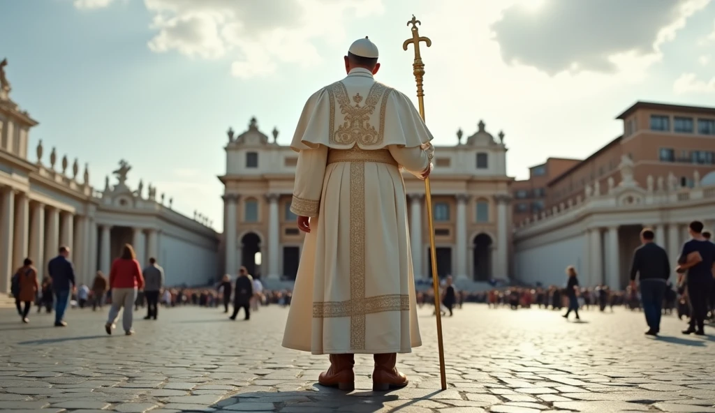 The camera is on the ground and the focal point of the image is the back view of Pope's wearing a laceless, brown, high-top leather boots, typical of field workers. The Pope wears a white tunic decorated with papal insignia, a cloak and a long golden papal scepter next to him . The background is a panoramic view of St. Peter's Square in the Vatican, crowded with tourists. The scene captures the moment of religious significance and the historical and artistic richness of St. Peter's Square. Ultrarealistic Ultrarealistic photo, 16k, ultra high resolution, photorealistic, Ultra HD.