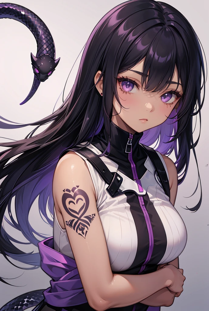 Brown-skinned woman,Black Hair, Purple eyes, Gradient color hairstyle, Side Up,Scar on cheek, Snake tattoo