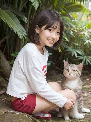 Japanese female, (underweight), (medium bust best quality:1.0), 30 years old, (cheerful grin:1.3),1 girl, 1kitty,
(beastmaster:1.3), (a kitty:1.2), sitting, bob cut, (white long-sleeved t-shirt), (red shorts), in the jungle, full body shot, (low angle shot:1.3),