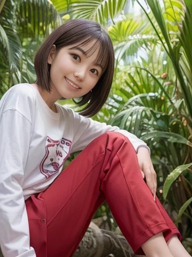 Japanese female, (underweight), (medium bust best quality:1.0), 30 years old, (cheerful grin:1.3),1 girl, 1kitty,
(beastmaster:1.3), (a kitty:1.2), sitting, bob cut, (white long-sleeved t-shirt), (red shorts), in the jungle, full body shot, (low angle shot:1.3),