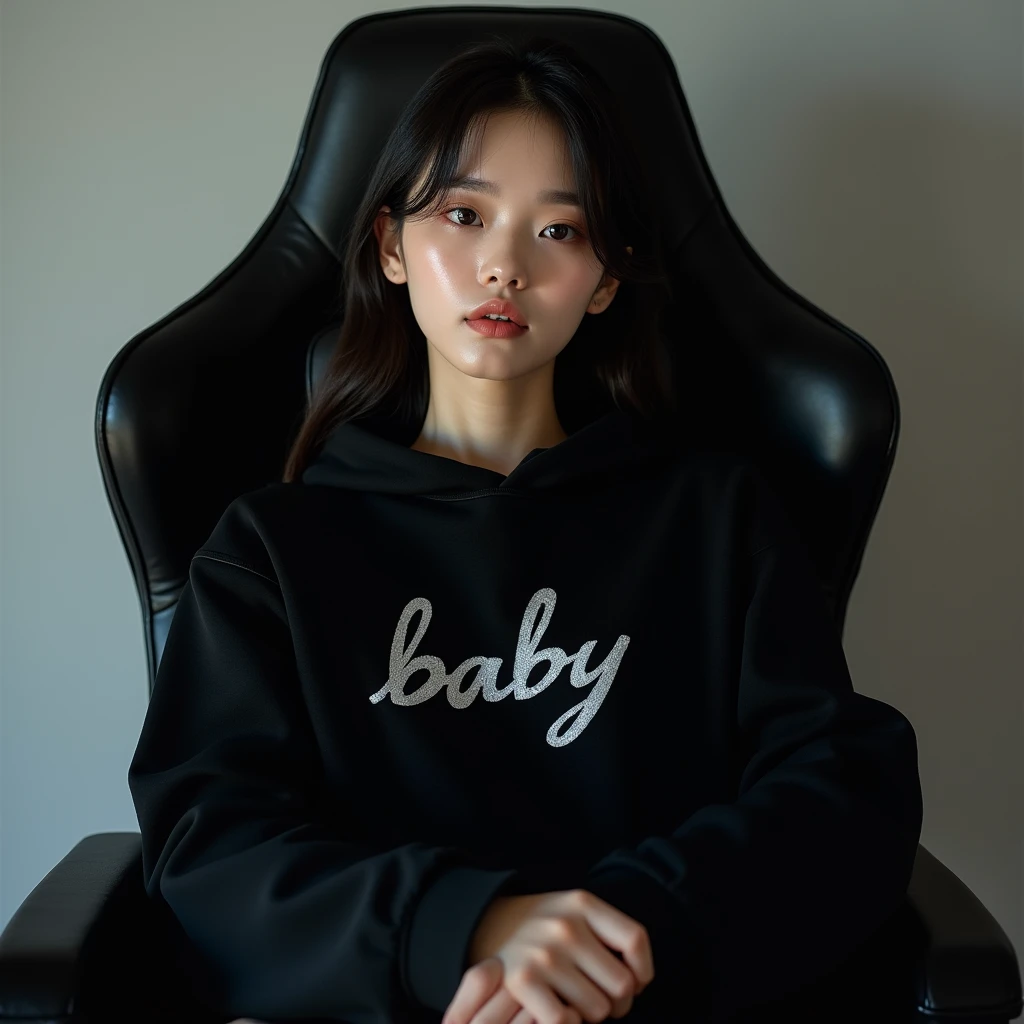 A beautiful Korean woman sitting on a gaming chair wearing a black polite hoodie , with name on hoodie " baby "