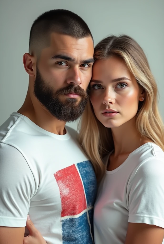 (photorealism:1.2) young Asian man with buzzcut and a full viking beard wearing white t-shirt with red blueblonde skinny girl