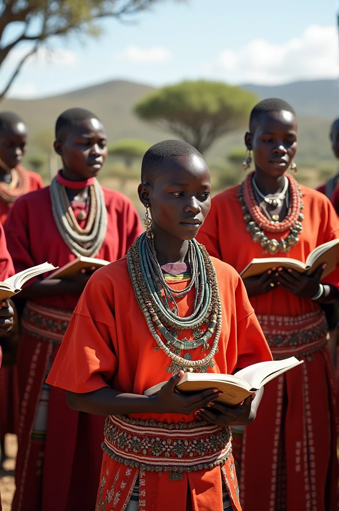Highschool samburu students learning in their traditional attires also they should be holding reading materials ie books