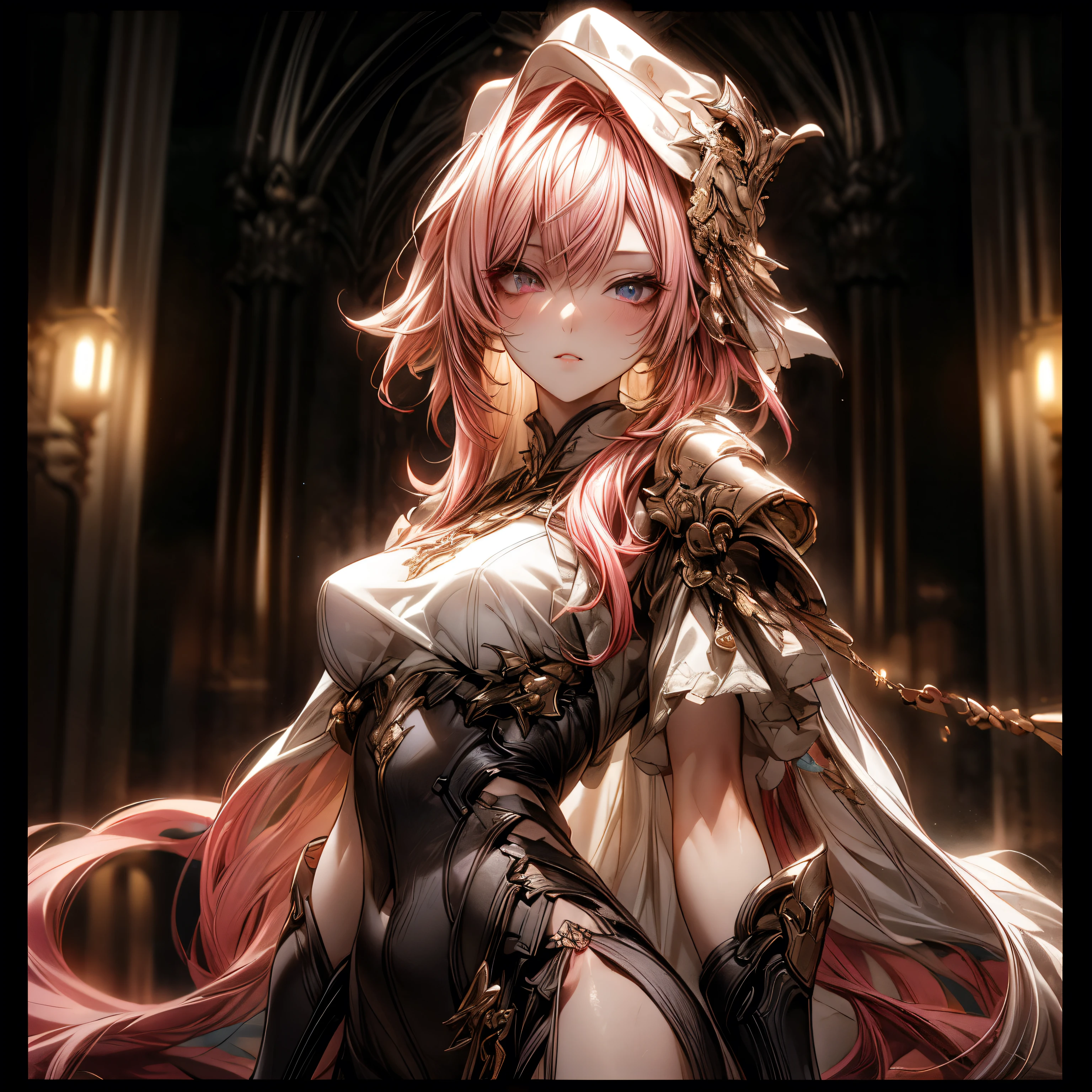 (best quality)), ((Masterpiece)), (details:1.4), 3d, HDR (high dynamic range), an image of a beautiful cyberpunk female, Fantasy, Cyberpunk, Pink hair, Curtain Bangs, Beautiful White eyes, จมูกโด่ง, ปากแดง, หน้าอกใหญ่, nvidia RTX, PBR surface, After processing, Anisotropic filtration,depth of field, Maximum clarity and clarity, multi-layered surface, Subsurface scattering, perfect proportions, 8K raw files, ultra detailed, Perfect proportions, volumetric lighting, soft lighting, Holy Paladin, Heavy Golden Armor, Red dress, glossy skin, intricate Silver embroidery, Castle Hall background, jewely, ต่างหู, นิ้วมือสมบูรณ์,