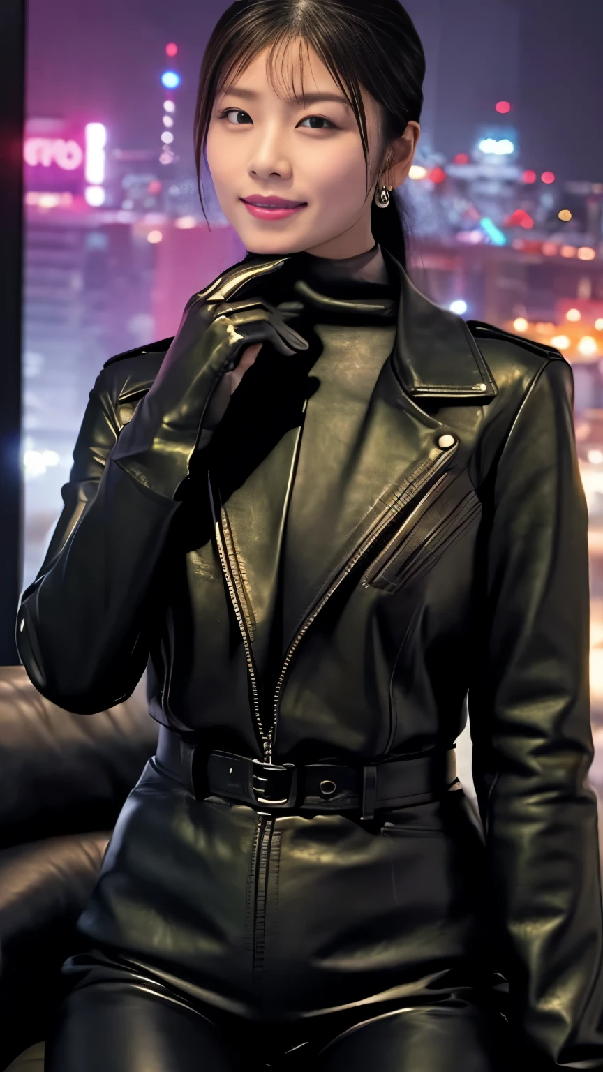 black leather rider jacket, Office in the Dark, Black leather gloved fingertips on both hands,Wearing black leather gloves,Sitting in a black leather chair、 Japanese female new recruits (Black leather gloves cover both hands) (The angle is horizontal)、Black Leather Pants,Black Leather Black Leather Pants,Black Leather Skinny Pants、very tight fit. Long black leather boots on both feet、Black hair ponytail ((He wears black leather gloves on his hands))Full Body Photo,full body shot full body full body leather suit,☺Leather pants tucked into long boots、Full body shot from head to foot、very tight fit. If you turn in this direction。Wearing black leather gloves,Wearing black leather gloves,Wearing black leather gloves,Wearing black leather gloves,Wearing black leather gloves,Wearing black leather gloves,黒のレザーパンツが美しい😍黒のレザーパンツが美しい😍黒のレザーパンツが美しい,😍Smiling while looking at me,City lights、((Neon Cyberpunk City Street:1.3))、(Neon Light)、Detailed lighting、
Best image quality、Ultra-high resolution、(realism:1.4)、Korean Beauty Star、The most beautiful KPOP stars、face、Horny Korean Makeup、A body that makes you want to touch it、Realistic leather texture、Costume made of smooth leather fabric、The drape of the curved parts of the leather fabric、The costume is very shiny、Quality of the costume、8K Photo Quality