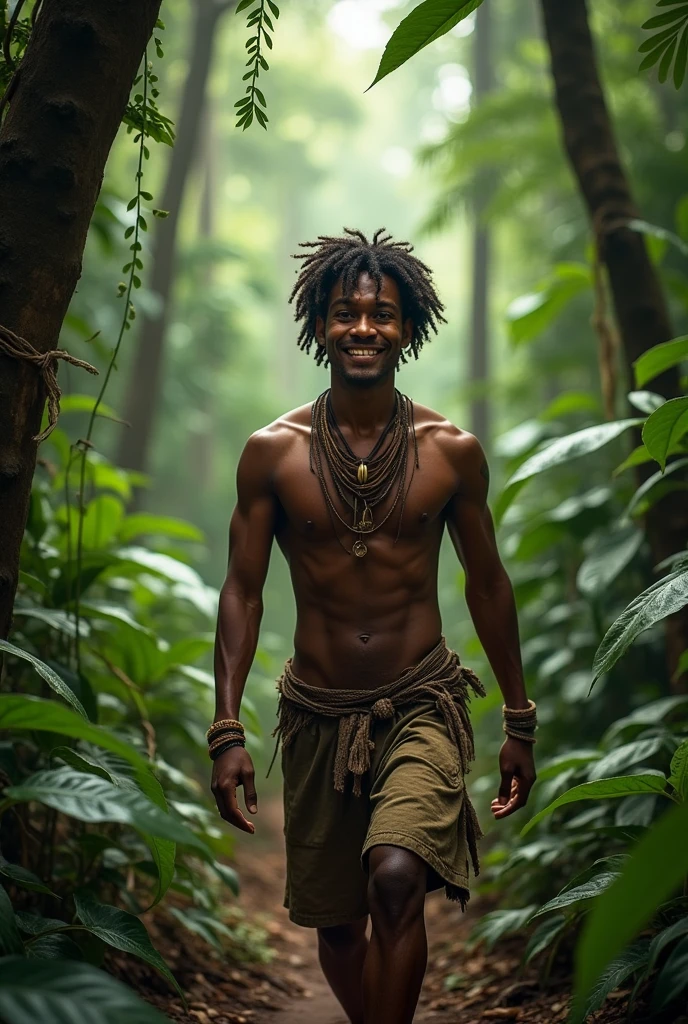 Photorealism 1.3 realistic realism high definition 8k Malaysian aborigines man smile  walk into jungle  darksin curly short hair wearing tears shirt and short  and head accessories sling bag on  orang asli
