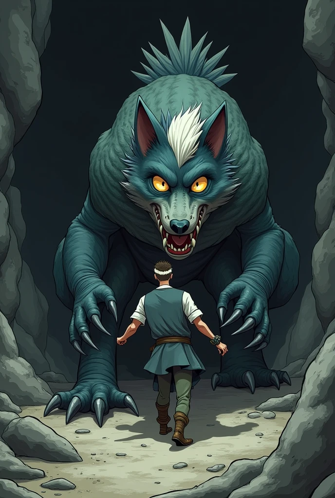 An anthropomorphic youthful slender wolf cub with black and white fur, blue eyes and a striking white mohawk hairstyle wears a dark blue, baggy medieval tunic shirt with dark green, T-shirt-like short sleeves. in animated drawing style. He finds himself in a dark, dark cave. A huge evil monstrous lizard creature, which is significantly larger than the wolf cub, has already grabbed the panicked wolf cub by the head and is pressing him firmly to the cave floor with his claws. The monster drools, while trying, to devour the wolf cub. animated drawing style
