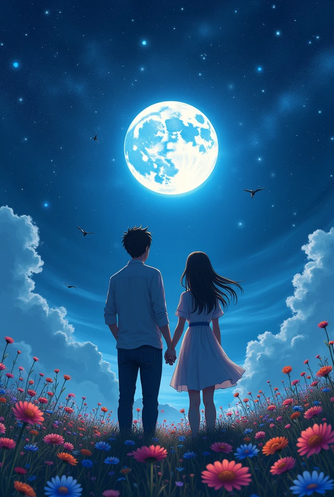 Back view、Ultra Wide Angle、Male and female couple、Starry Sky、full moon、flower、Highest quality,