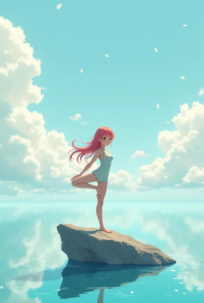 Anime girl doing yoga on a tiny rock