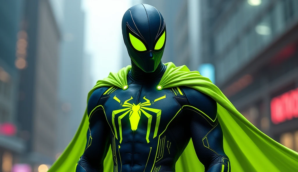 Create a superhero character called 'Techman', inspired by the style of Spider-Man. The character must wear a fitted outfit with predominant colors of dark blue and black., but with a vibrant color and highlighted as a central element. Add a lime green chroma-style cape or accessory, that stands out visually. The outfit must be modern and technological, with subtle details such as circuits and technological symbols, but without the spider symbol on the chest. The Techman must have a dynamic and agile posture, with a confident and friendly expression. The background can be a futuristic urban setting, but the highlight should be on the lime green cape or accessory to ensure that it stands out in thumbnails and is easily recognized as the superhero that helps choose the best options.