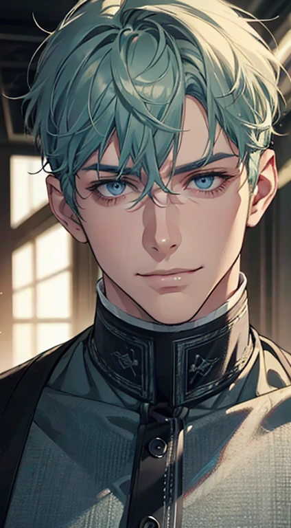 a mature man with short grey green hair, blue eyes, and a perfect face, smiling in love, CEO, cinematic lighting, 1:4 HDR image, top view, ultra detailed, best quality, masterpiece, 8K, photorealistic, beautiful image
