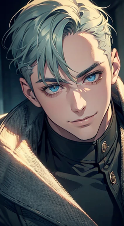 a mature man with short grey green hair, blue eyes, and a perfect face, smiling in love, CEO, cinematic lighting, 1:4 HDR image, top view, ultra detailed, best quality, masterpiece, 8K, photorealistic, beautiful image