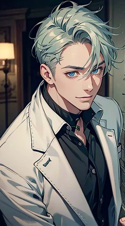 a mature man with short grey green hair, blue eyes, and a perfect face, smiling in love, CEO, cinematic lighting, 1:4 HDR image, top view, ultra detailed, best quality, masterpiece, 8K, photorealistic, beautiful image