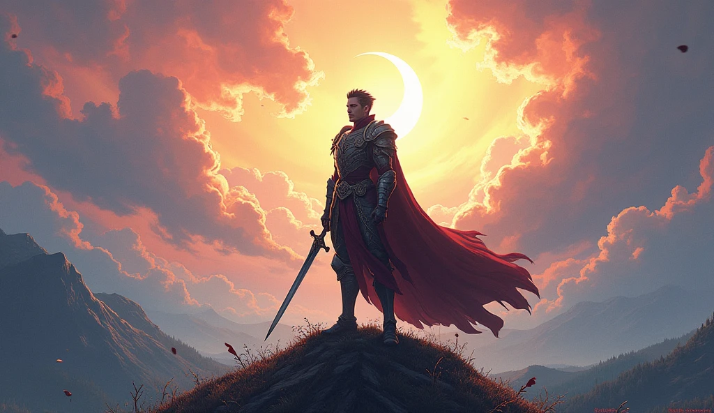Painting of a man holding a sword standing on a hill, Epic fantasy数字艺术风格, Anime epic artwork, Anime fantasy illustration, Anime Fantasy Artwork, 2. 5 d cgi Anime Fantasy Artwork, Digital 2D fantasy art, Epic fantasy art style hd, detailed Digital 2D fantasy art, epic fantasy artwork, Epic fantasy art style, Epic Fantasy Game Art, Epic fantasy