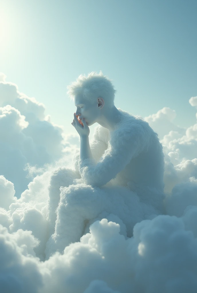 Cloud shaped like a man, faceless, sitting with his back turned, chin in both hands, looking up at the upper left corner of the screen