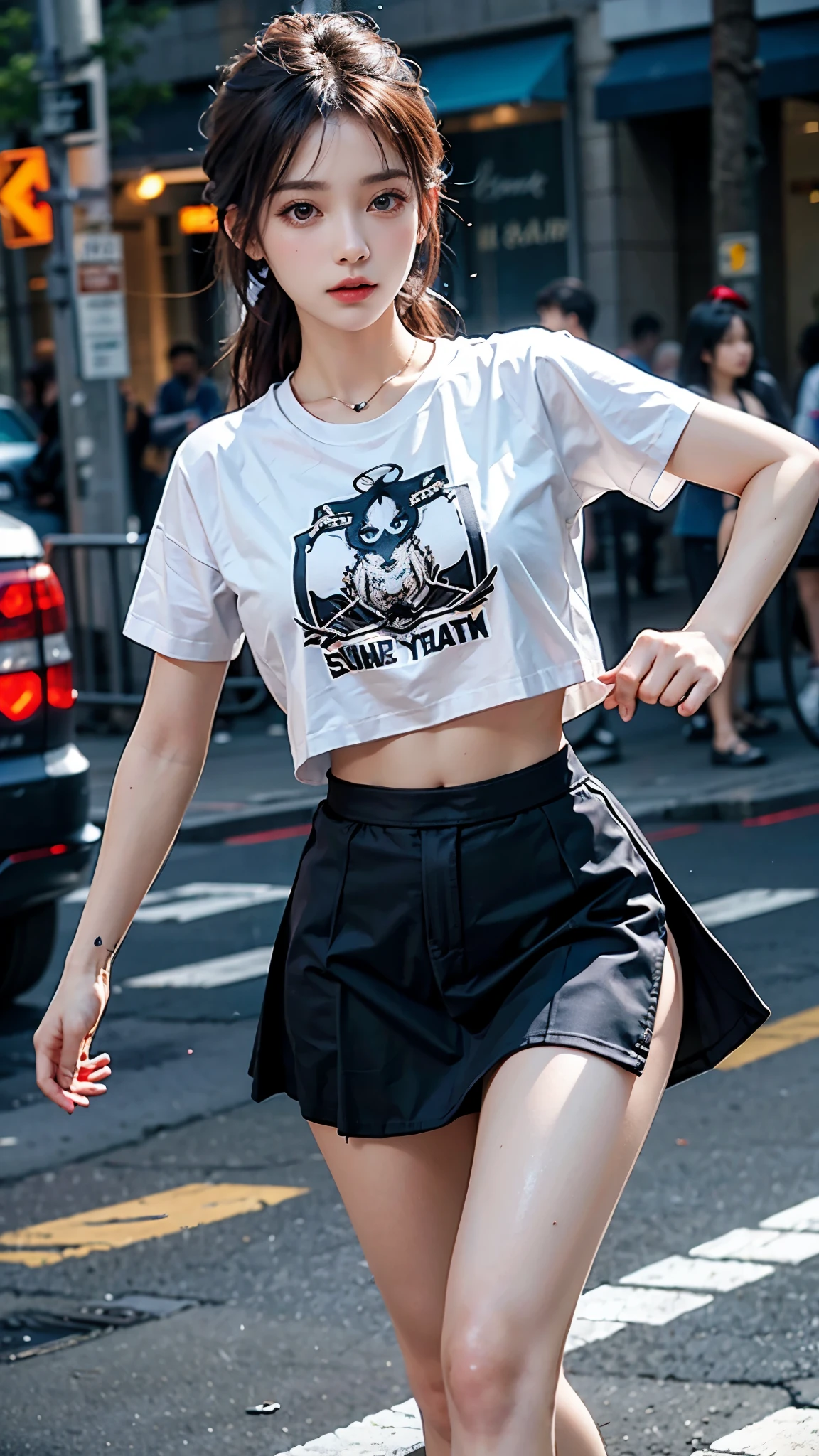 Realistic, High resolution, Soft Light, 1 Female, alone, Hip Up, Dynamic pose, Glowing Skin, jewelry, tattoo, Streetwear, T-Shirts, skirt