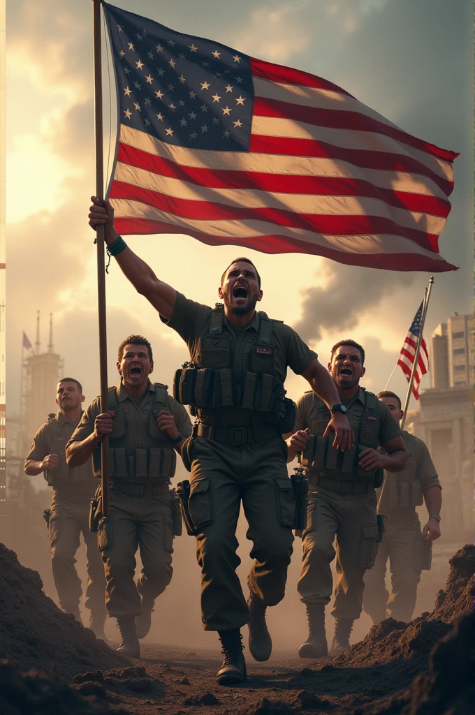 American soldiers with the American flag shouting