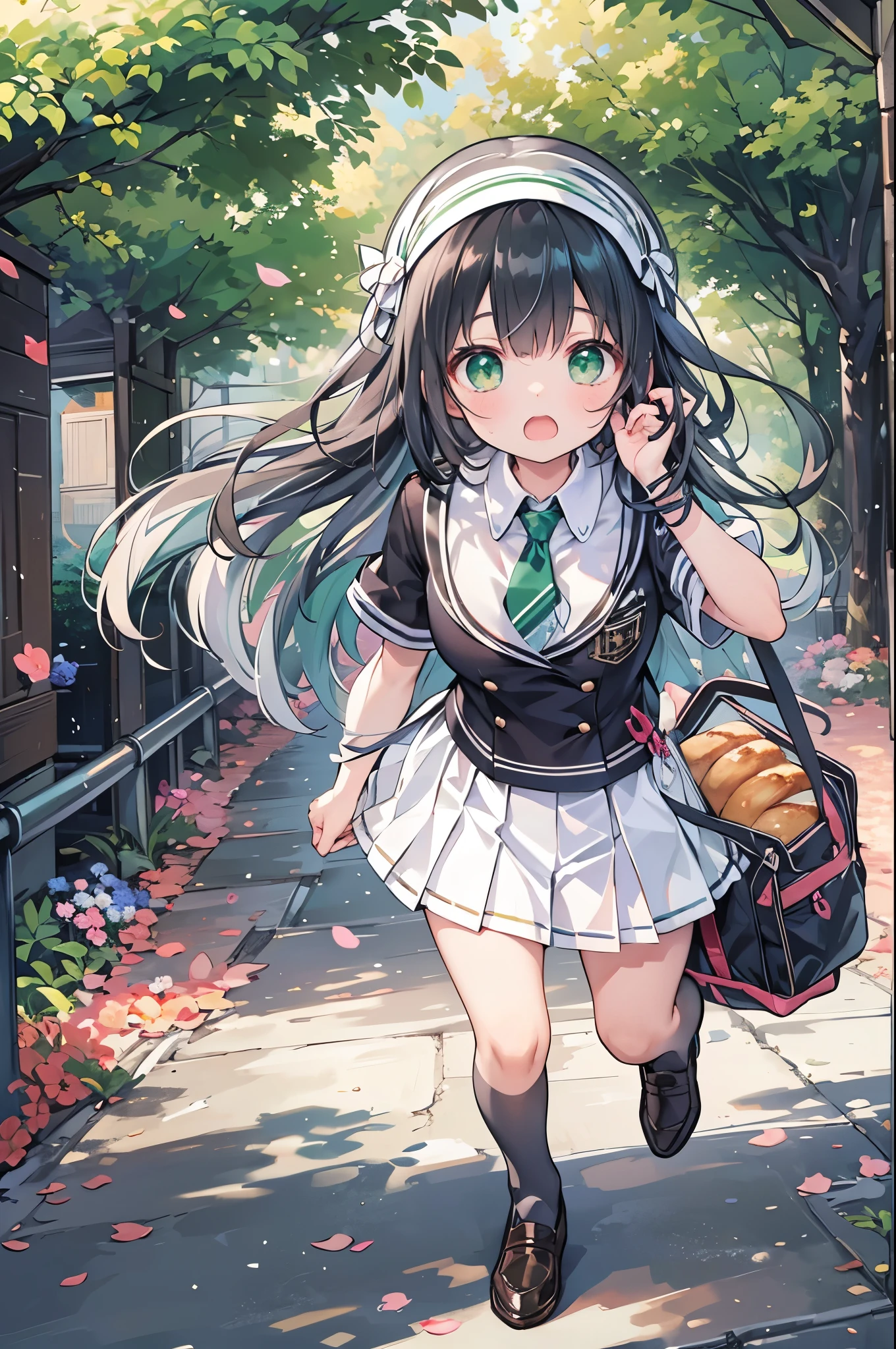 ((Highest quality, 8k, masterpiece: 1.3)), whole body,1 personの,1 person,,Glamorous Body,cute,Grim expression,Black Hair,Beautiful emerald green eyes,Long Hair,Put a loaf of bread in your mouth,Sprinting,Run,Landscape,((White short-sleeved blouse,tie)),((Green pleated mini skirt,loafers)),School zone,Carry a school bag,