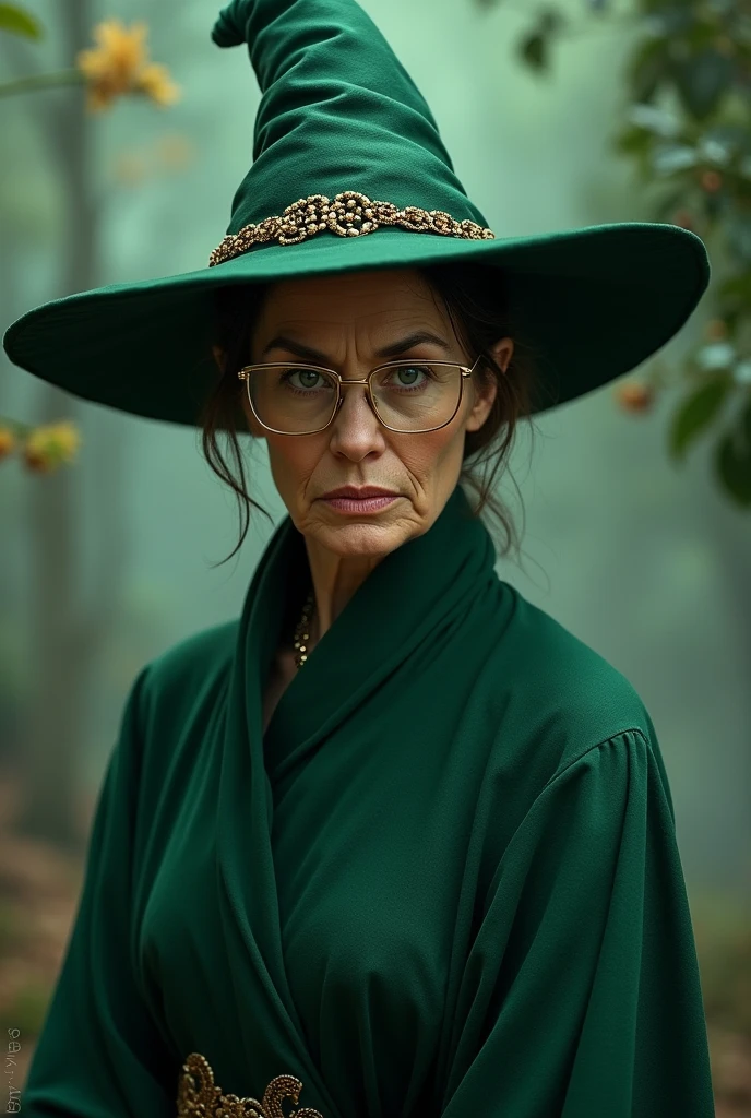 aged woman, with brown hair tied in a tight bun, wearing square gold glasses, wearing elegant emerald witch outfit, with witch hat, with a stern face
