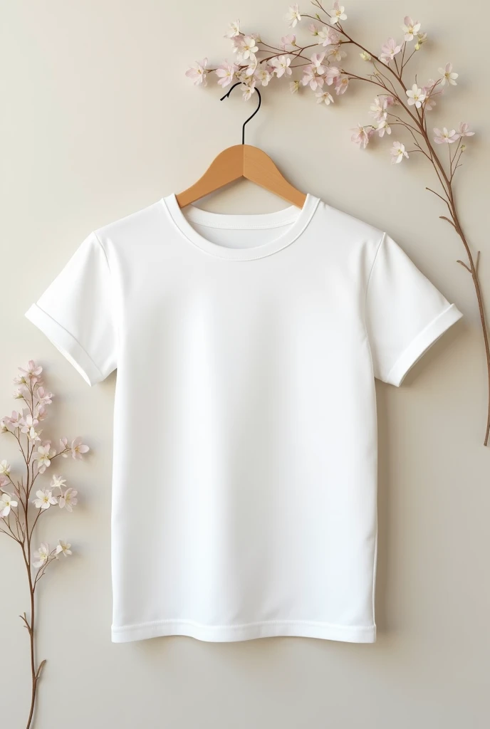 white cotton tshirt mockup round neck tight baby look style on hanger and flowers t shirt design template, shirt printing presentation mockup,