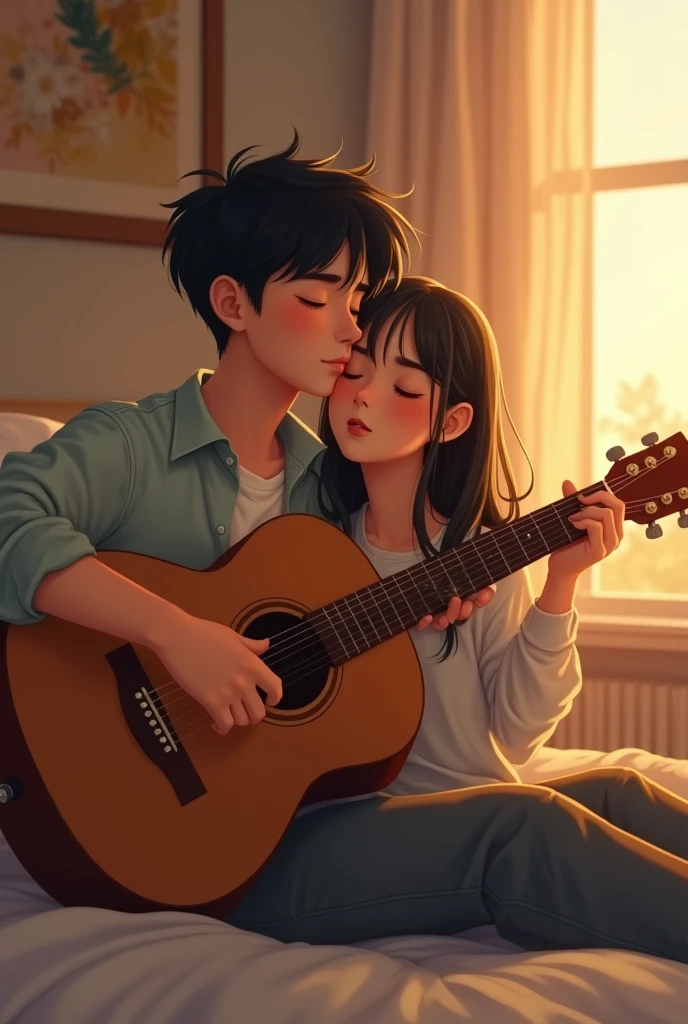 A boy with a guitar and a girl beside him laying her head on the boy's shoulder and singing  in a bedroom 