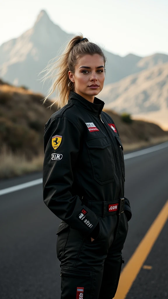 female 20s, car girl, on a highway, full body shot, automotive clothing, best qualityer.