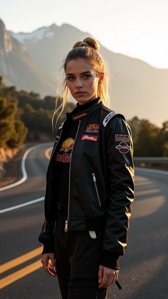 female 20s, car girl, on a highway, full body shot, automotive clothing, best qualityer.