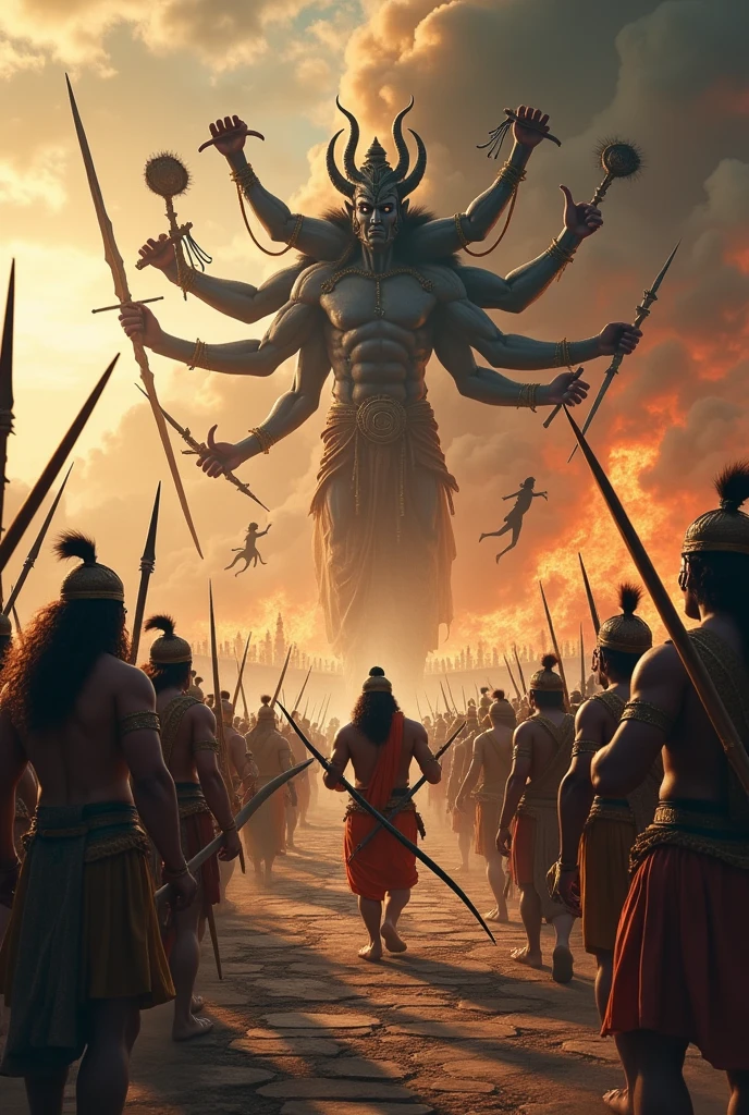 
Image Prompt:

A detailed scene from the Ramayana depicting the epic moment of battle between Lord Rama and Ravana. On one side, Lord Rama stands with his bow drawn, ready to release an arrow, his expression focused and determined. He is flanked by his loyal allies, including Hanuman, who is mid-air, ready to strike. On the other side, Ravana, with his ten heads and twenty arms, is portrayed in a fierce stance, wielding various weapons. The background shows the burning city of Lanka, with the sky lit by the flames, and a partially constructed stone bridge leading from the mainland to Lanka, representing the army's crossing. The atmosphere is intense, filled with the tension of the epic battle.

Size: 1792x1024







