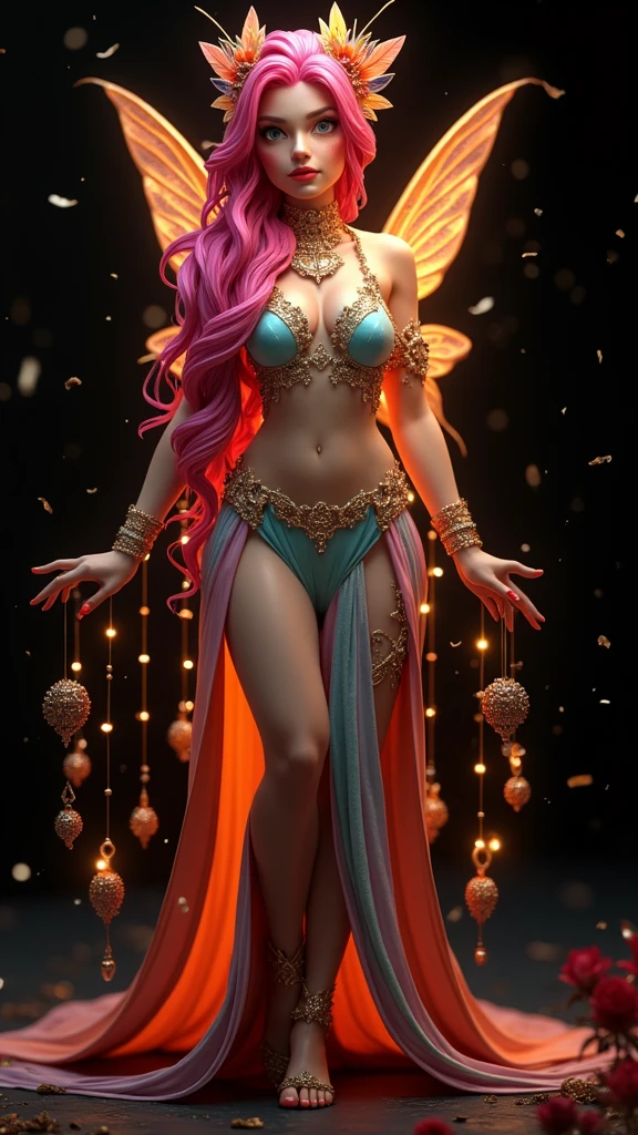 A 24K 3D HD hyper-realistic image of a Latin sexy fairy with neon pink hair adorned with petals and glistening pollen. She is wearing an elegant turquoise and gold outfit with intricate details. Bling,bling,STARDUST, The fairy has mesmerizing eyes that sparkle like morning dew. She is standing in a dark fantasy setting with rich colors and textures. The image has a cinematic vibe with vibrant colors and intricate details.