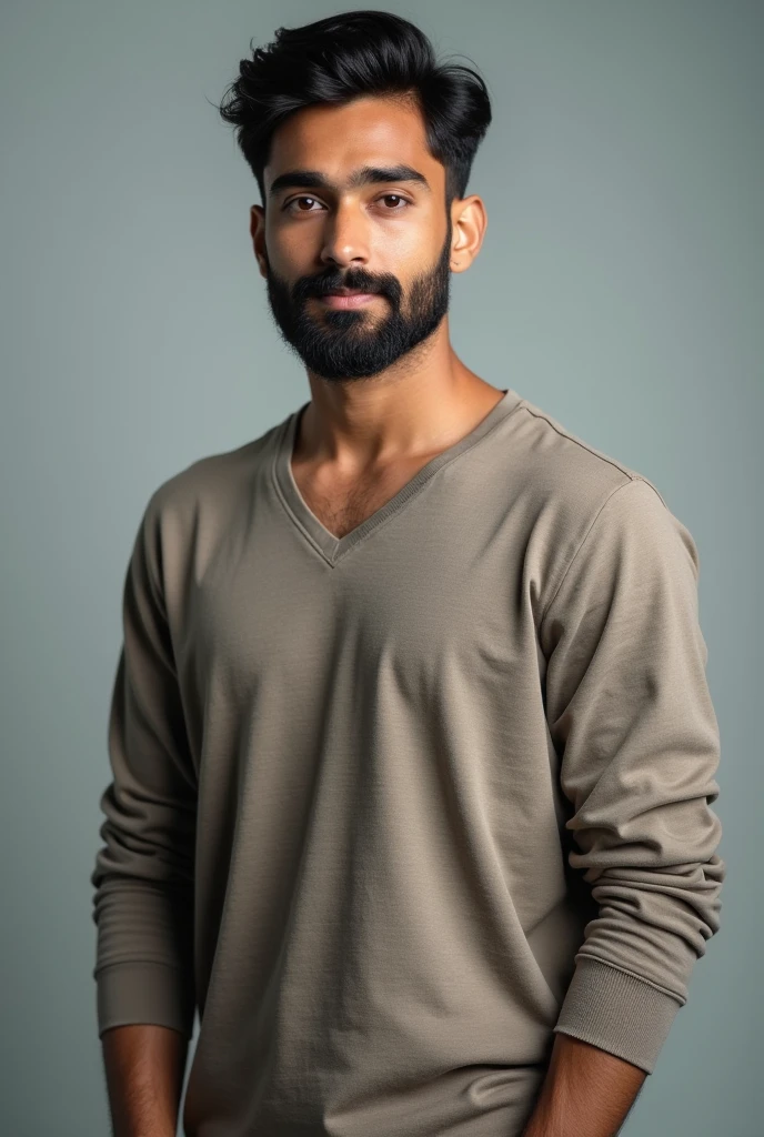 Indian 21 year young professional boy Beard. normal haircut And eye to eye. stand position youtube setup background