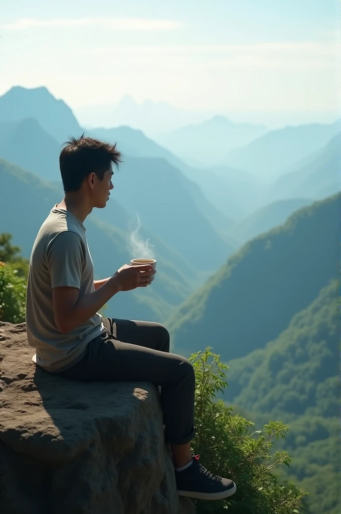 A man in T-shirt sipping a coffee and watching from a mountain in northern Thailand.