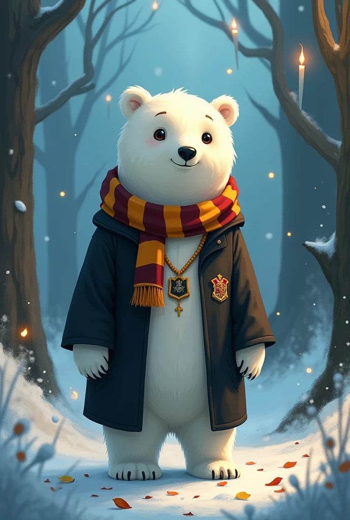 estilo gibli, anime, a humanized young male polar bear, full body in Harry Potter uniform