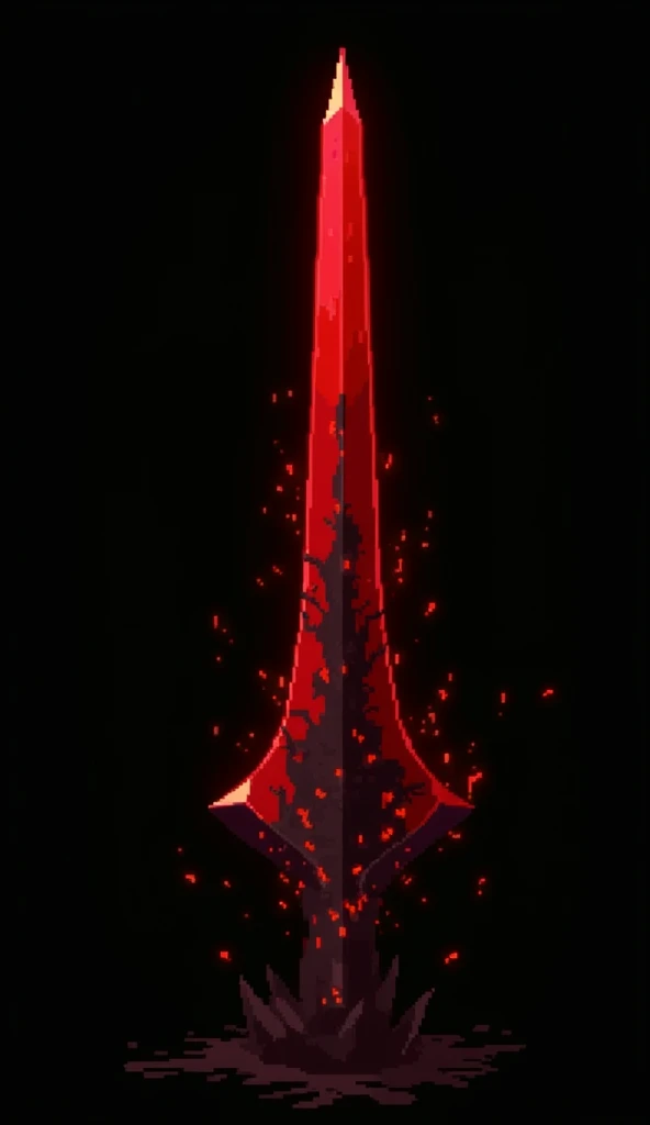 A sword projectile in the style of a pixel drawing, made of a solid blood crystal in which vessels of black void are present