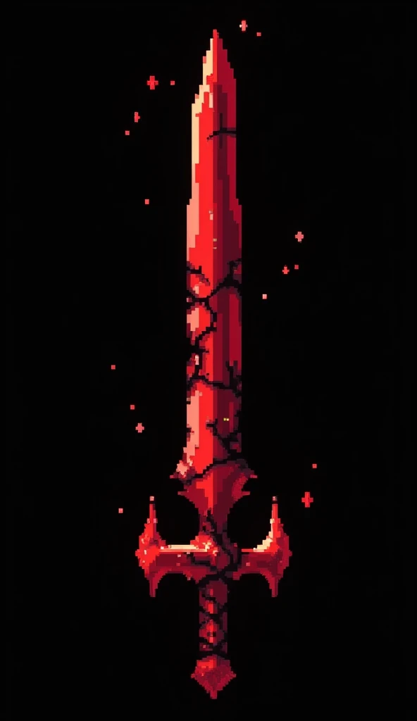 A sword projectile in the style of a pixel drawing, made of a solid blood crystal in which vessels of black void are present