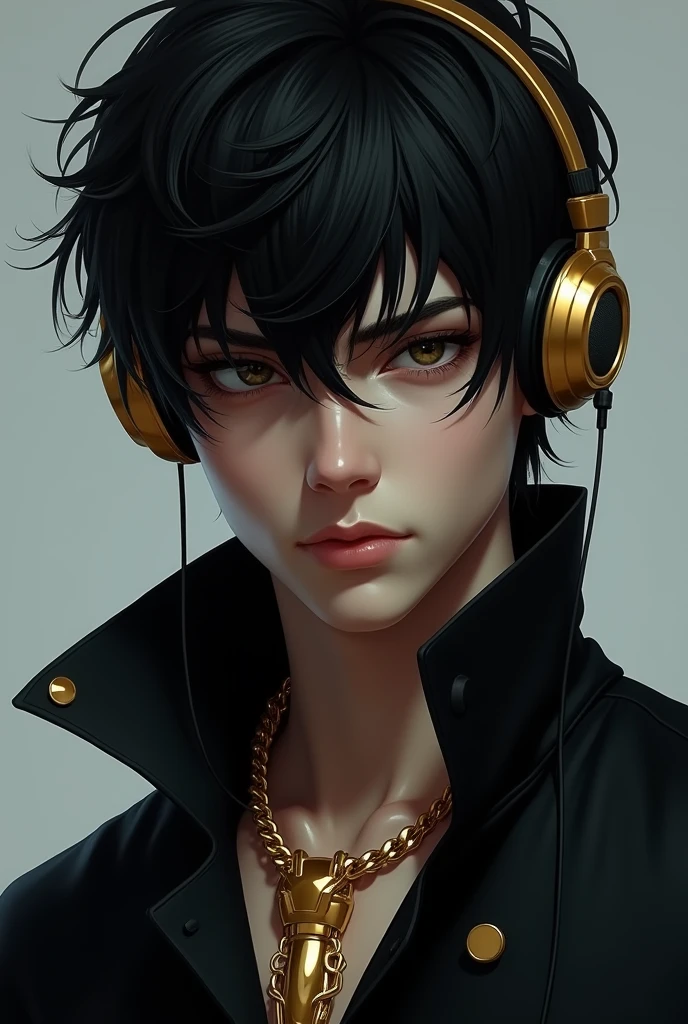 Black haired boy wearing headset and black clothes wearing gold necklace