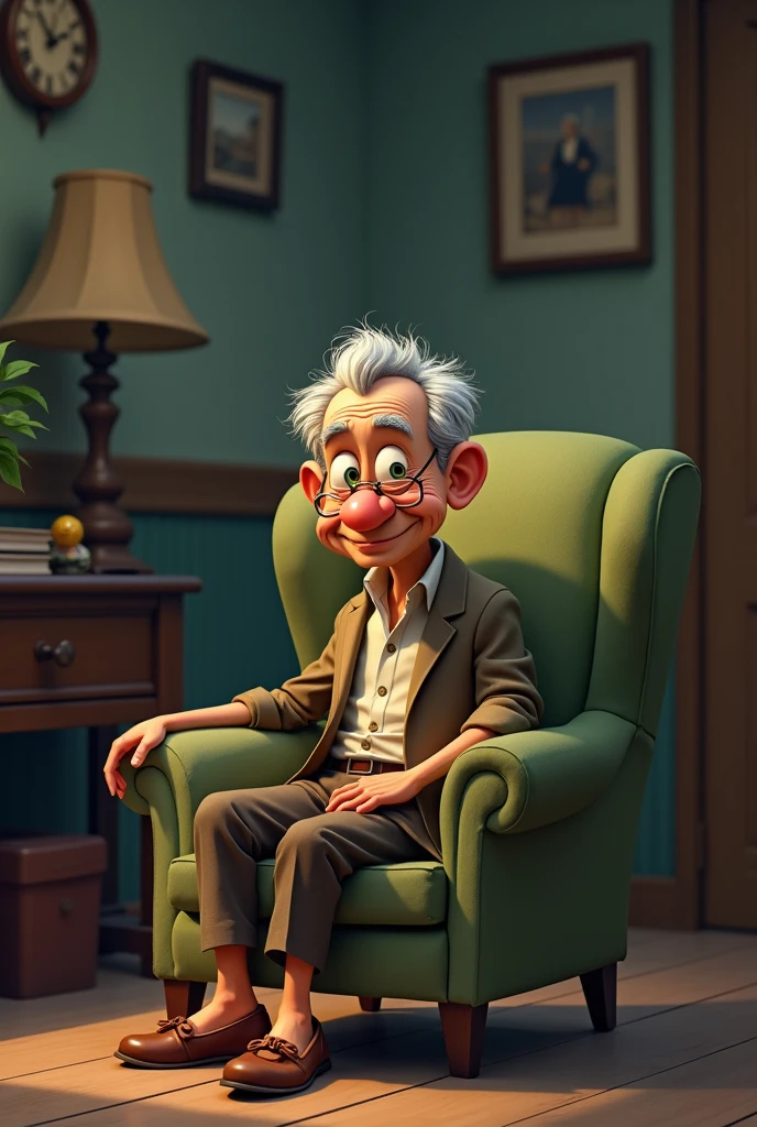 I want a picture of a cartoon guy from the old days with the wisdom of old characters sitting on a chair in a quiet room with low lighting 
