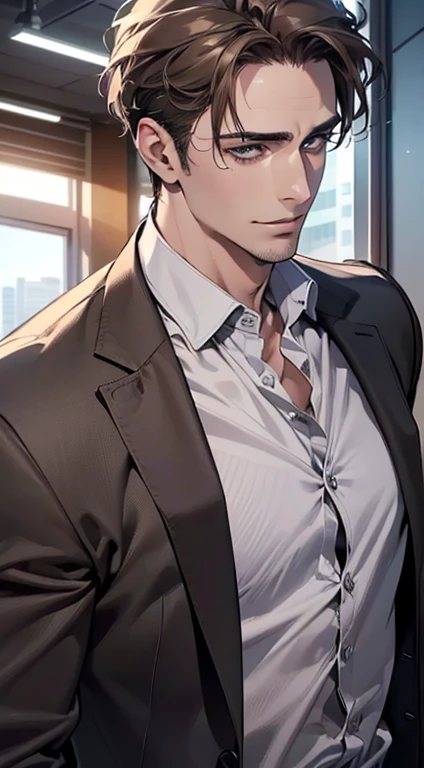 (best quality,4k,8k,highres,masterpiece:1.2),ultra-detailed,(realistic,photorealistic,photo-realistic:1.37),1 man,3,mature man,very handsome,without expression,smile,short grey brown hair,blue eyes,penetrating gaze,perfect face without errors,imposing posture,businessman,office background,cinematic lighting,hdr image