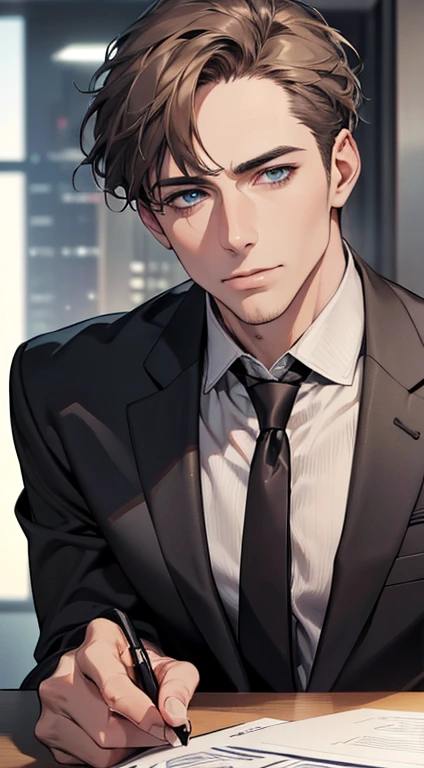 (best quality,4k,8k,highres,masterpiece:1.2),ultra-detailed,(realistic,photorealistic,photo-realistic:1.37),1 man,3,mature man,very handsome,without expression,smile,short grey brown hair,blue eyes,penetrating gaze,perfect face without errors,imposing posture,businessman,office background,cinematic lighting,hdr image