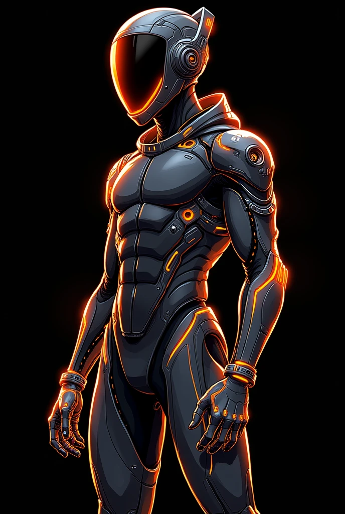 Cyberpunk anime illustration male full body in a dynamic lose, with neoen orange and black themed, with pure black background in a helmet and a dynamic pose with perspective