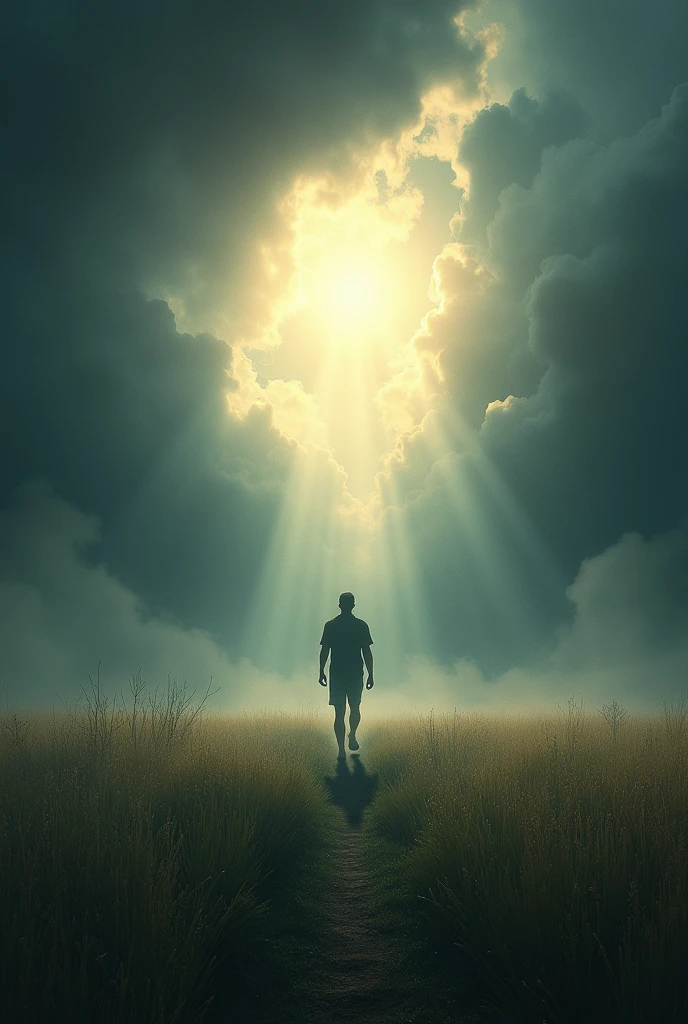 A person walking away from a dark, stormy sky into a bright, sunny landscape