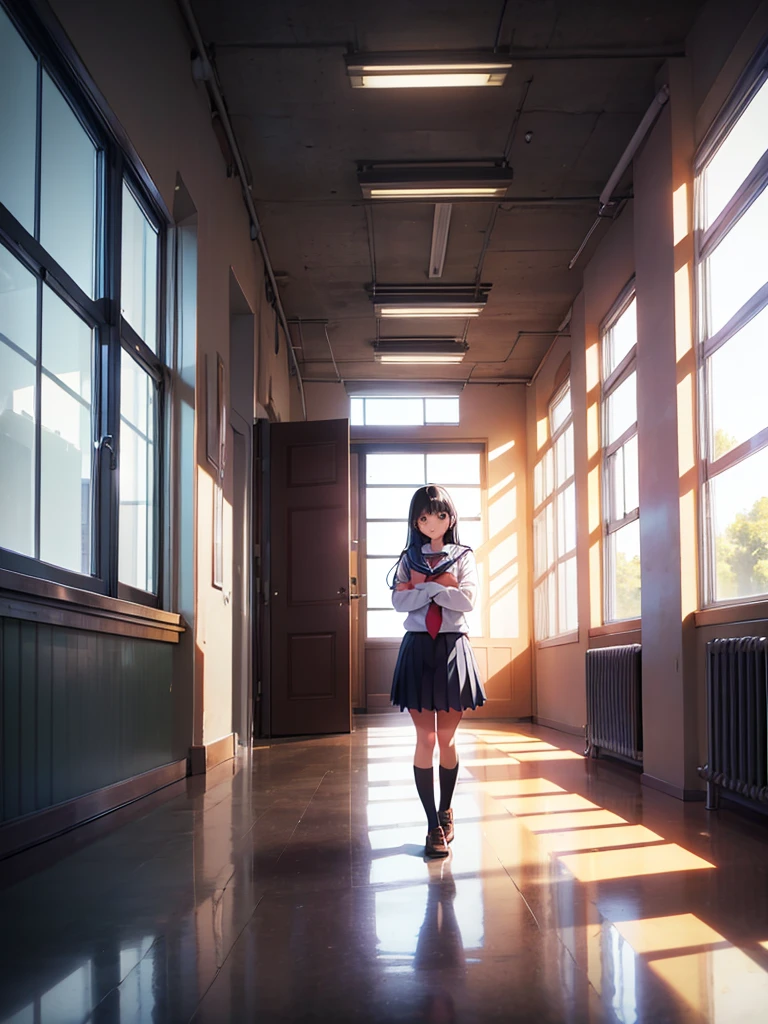 School,corridor,A window where light shines in,One beautiful girl,Stand with your arms crossed,Pleated skirt,Black socks,Long black hair,Dignified face
