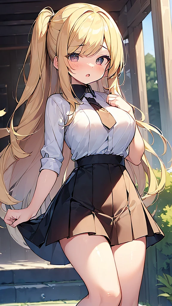 (Masterpiece, Top quality:1.5), (1 beautiful girl, solo:1.2), (Round eyes, big eyes, droopy eyes:1.3), (short height:1.2), navel, (straight skirt:1.3),  (blonde hair:1.2), long Hair, straight Hair, asymmetry bangs, swept bangs, (large breasts:1.2), shy:1.3, blush:1.3, beautiful scene of station platform, open mouth, dynamic pose, dynamic angle
