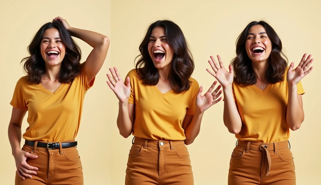 A smiling Brazilian woman with medium-length dark hair, slightly wavy, wearing a casual outfit in warm, neutral tones. She should be posed in three different joyful expressions: one with her hands on her hips and a wide smile, another with her arms raised in excitement and laughing, and a third with her head slightly tilted, giving a warm and friendly smile. The background should be clean and neutral, focusing on her facial expressions and poses. The lighting should be bright and natural, highlighting her happiness and making her appear approachable and friendly.